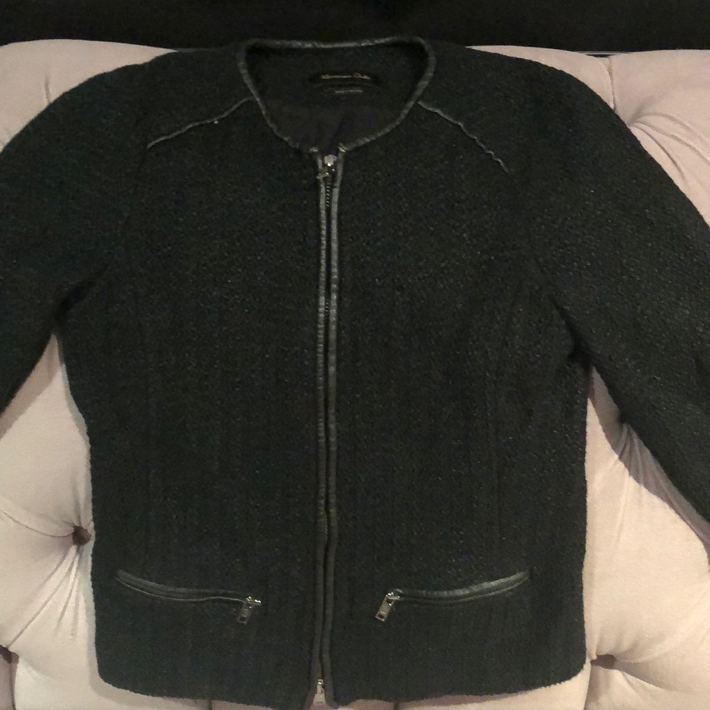 Massimo Dutti black cropped blazer in bouclay with leather trim in size 2